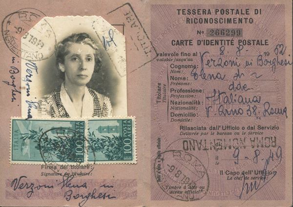 1949 - Repubblica italiana - Tessera postale di riconoscimento affrancata  con due francobolli di posta aerea 100 lire “Campidoglio”.