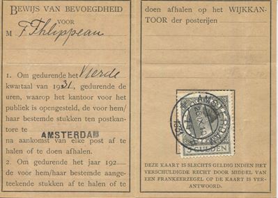 1931 - Nederland - Tessera Postale di Riconoscimento con Tariffa. 5 Gulden.