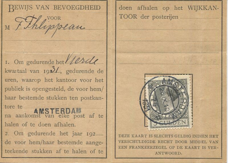 1931 - Nederland - Tessera postale di riconoscimento con tariffa. 5 gulden.  - Auction Philately and Postal History - Cambi Casa d'Aste