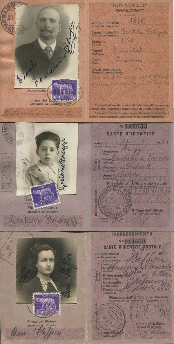 1936-43 - Regno d'Italia - Tre tessere di riconoscimento postale, I, II e III tipo affrancate per 3,70 lire.