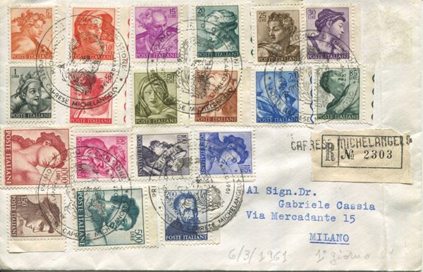 1961 - Repubblica italiana - serie completa “Michelangiolesca” su unica Raccomandata per Milano del 6 marzo, primo giorno d’emissione (Sass. S.200a).