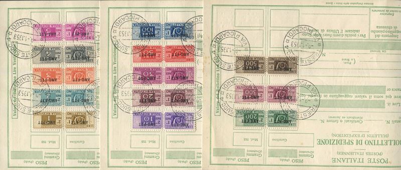 1953 - Territorio libero di Trieste – Zona A – Pacchi postali – Francobolli per pacchi postali soprastampati su una riga usati su tre bollettini di spedizione (Sass. S.48a)  - Auction Philately and Postal History - Cambi Casa d'Aste
