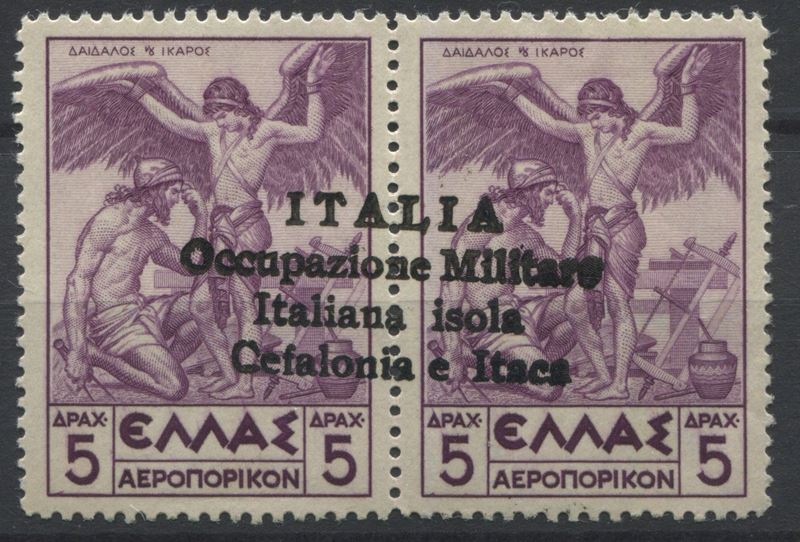 1941 - Regno d’Italia - Occupazioni II guerra mondiale - Cefalonia ed Itaca - Emissioni di Argostoli - Posta Aerea - Francobollo di posta aerea di Grecia con soprastampa a mano 5+5 d. lilla (Sass. 27).  - Asta Filatelia e Storia Postale - Cambi Casa d'Aste
