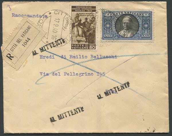 1940 - Città del Vaticano - Raccomandata, su busta di servizio dell’Amministrazione dei Beni della S. Sede, dalla Città del Vaticano a Roma affrancata con, 1933, 1,25 lire azzurro e nero “Medaglione” (Sass. 29) e, 1935, 80c. bruno “Congresso Giuridico Internazionale” (Sass. 45).