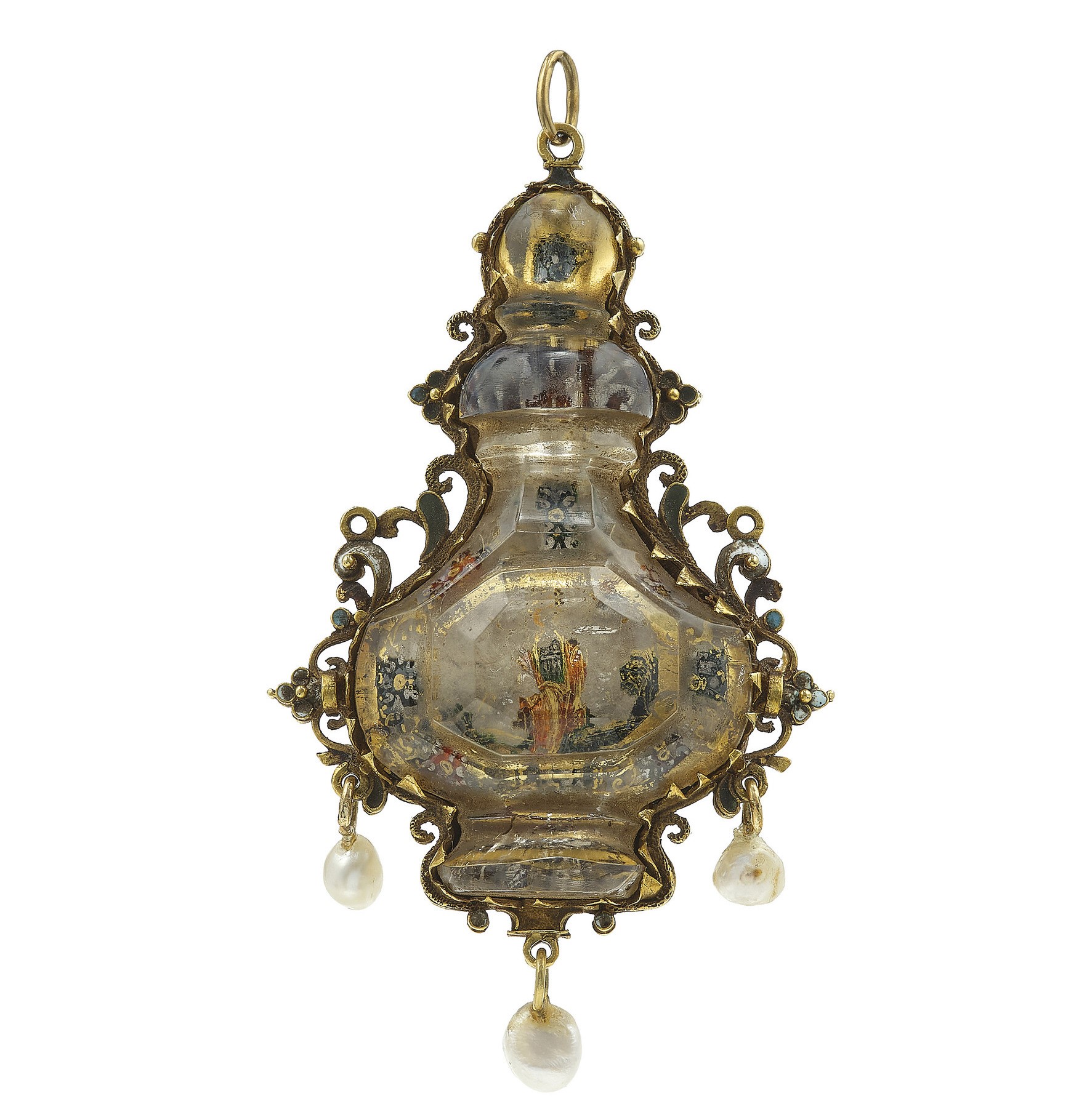 Pendente/reliquiario, smalti policromi con cristallo di rocca e piccole perle