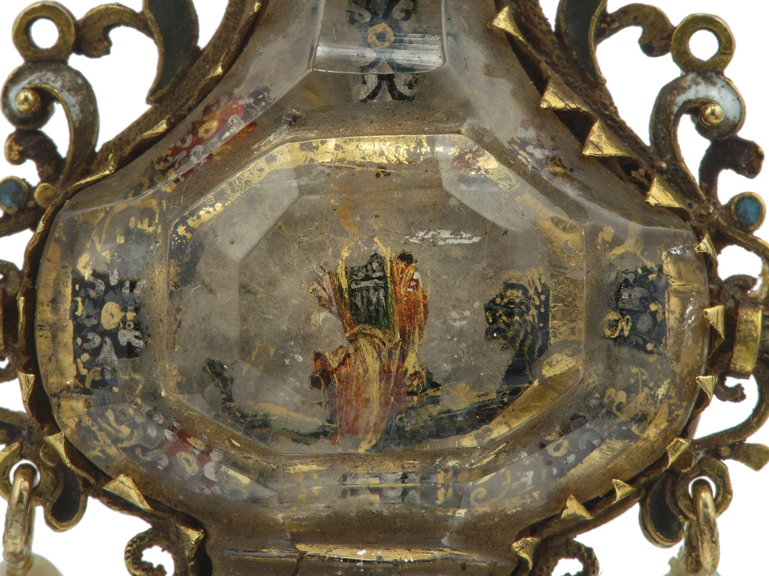 Pendente/reliquiario, smalti policromi con cristallo di rocca e piccole perle