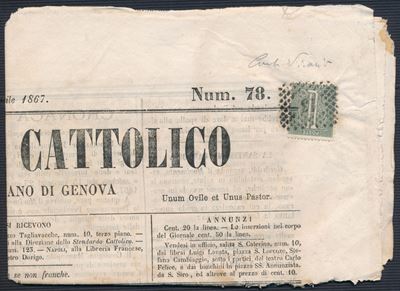 1867 - Regno D’italia - Giornale Completo “stendardo Cattolico” da Genova Affrancato per 1 Cent.,...