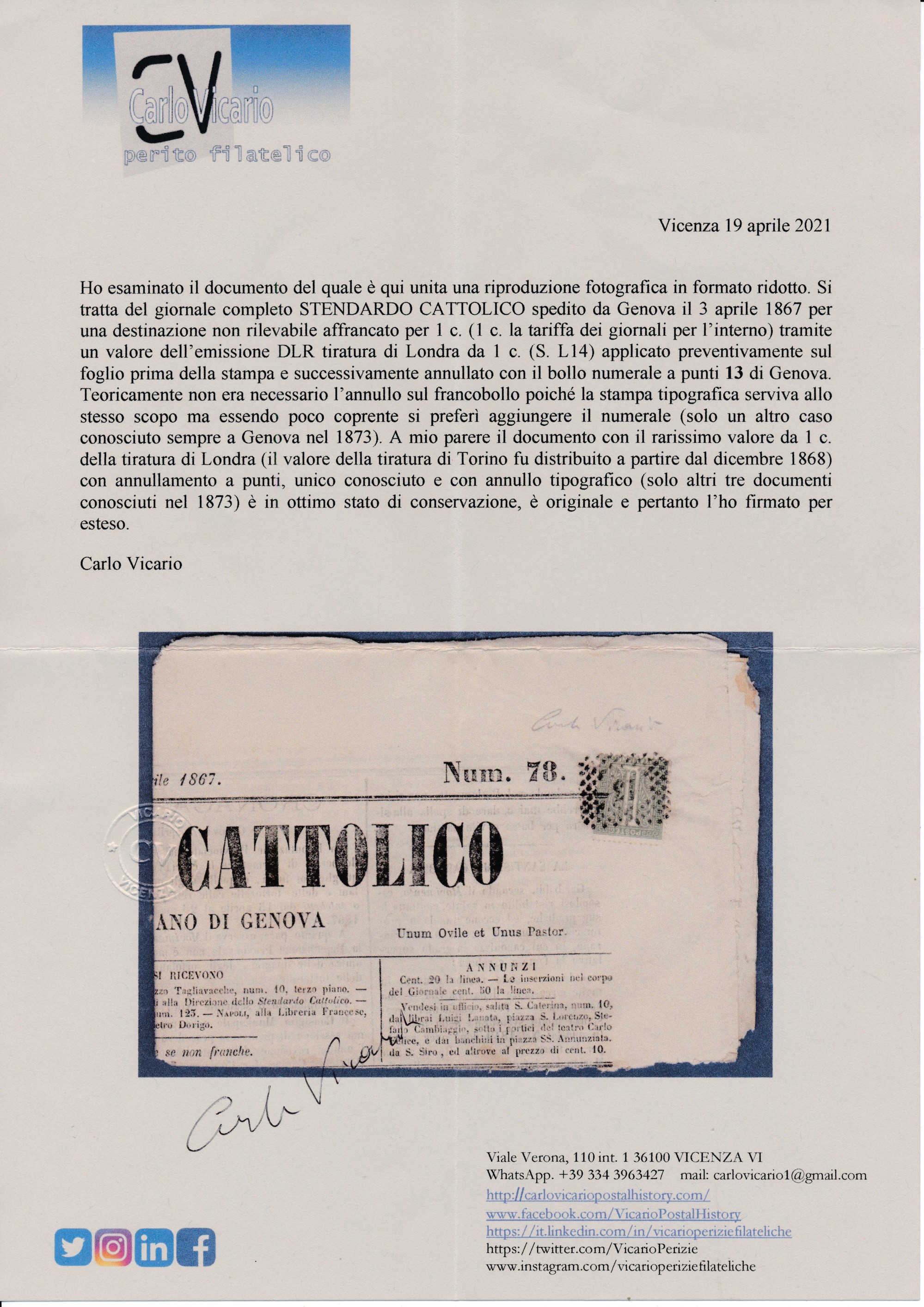 1867 - Regno D’italia - Giornale Completo “stendardo Cattolico” da Genova Affrancato per 1 Cent.,...