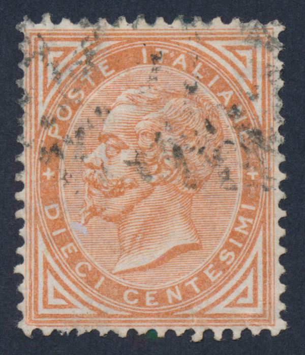 1863 – Regno d’Italia – 10 cent. ocra arancio, Tiratura di Londra, filigrana lettere 7/10, usato (Sass. L17g).