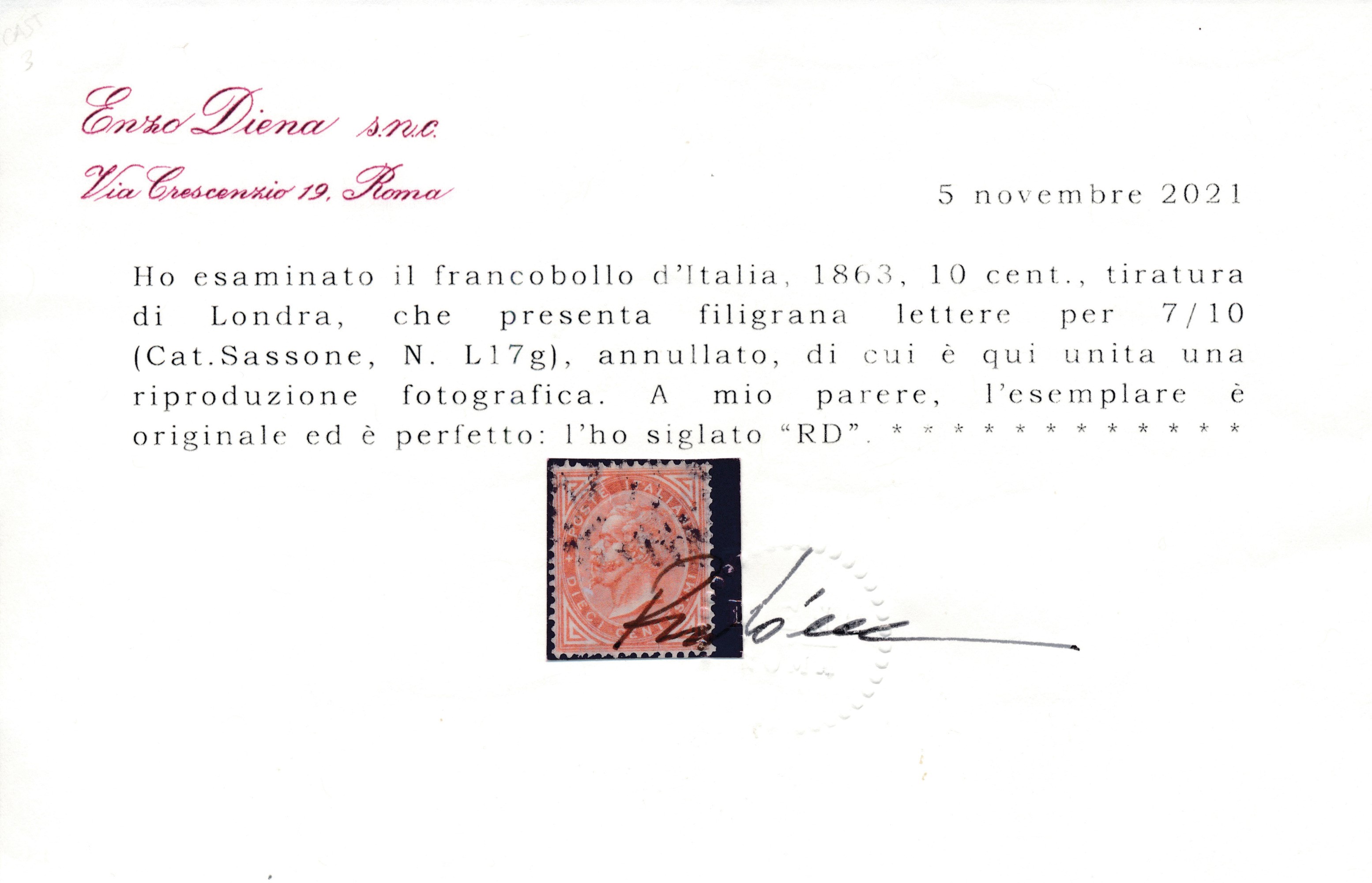 1863 – Regno D’italia – 10 Cent. Ocra Arancio, Tiratura di Londra, Filigrana Lettere 7/10, Usato ...