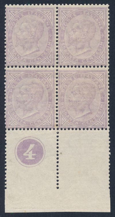 1863 – Regno D’italia – 60 Cent. Lilla Chiaro, Tiratura di Londra (sass. L21) – Quartina Bdf con ...