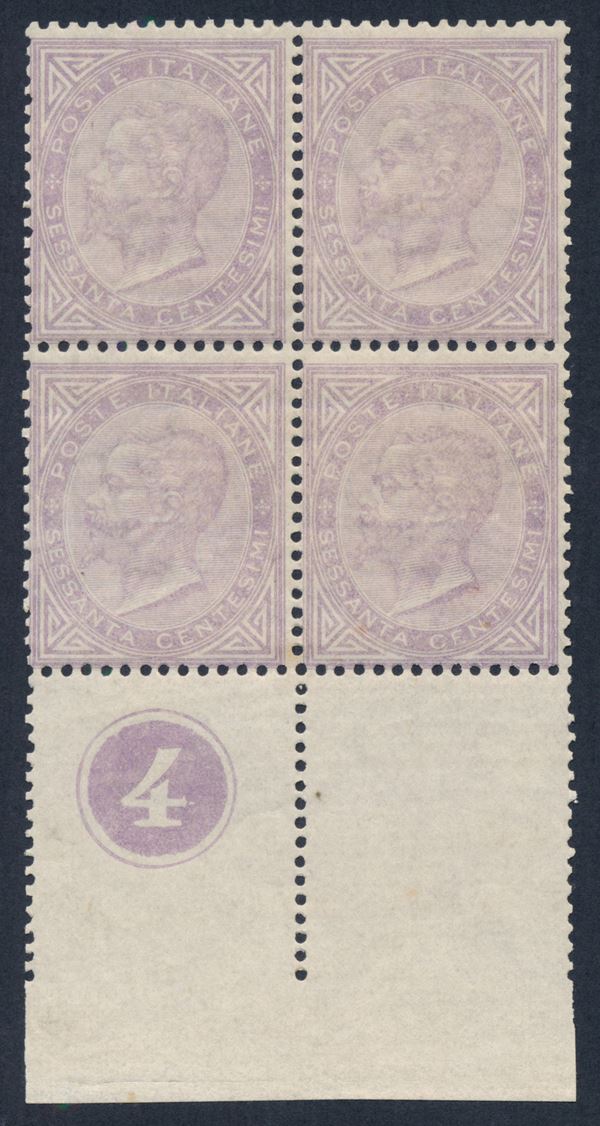 1863 – Regno d’Italia – 60 cent. lilla chiaro, Tiratura di Londra (Sass. L21) – Quartina bdf con numero di tavola “4” in cerchio.
