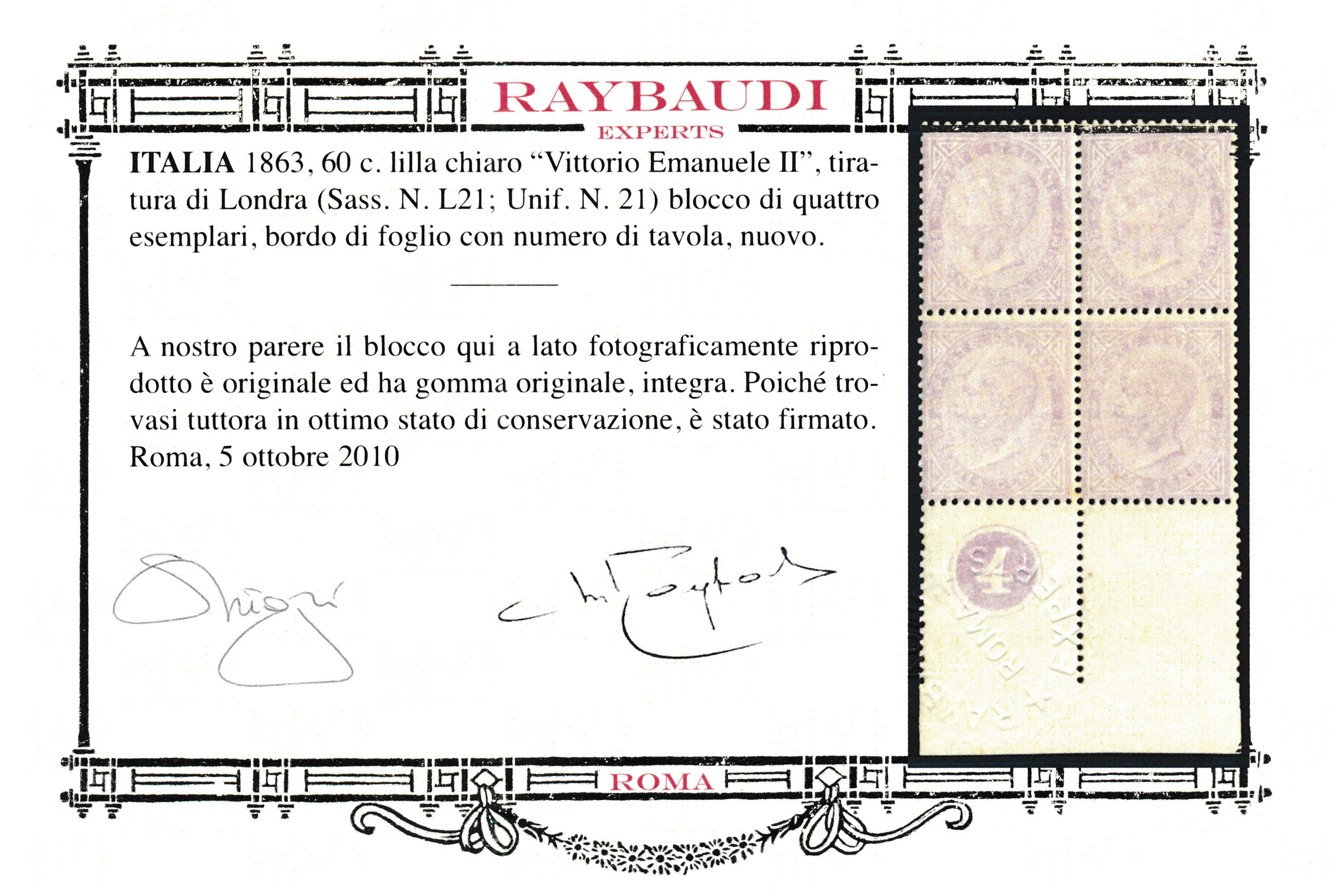 1863 – Regno D’italia – 60 Cent. Lilla Chiaro, Tiratura di Londra (sass. L21) – Quartina Bdf con ...
