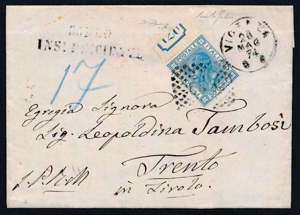 1874 – Regno d’Italia – Lettera da Vicenza a Trento del 26 maggio affrancata con 20 cent. azzurro “Bigola”, Tiratura di Torino” (Sass. T26), bordo di foglio e parziale numero di tavola “128” in rettangolo.