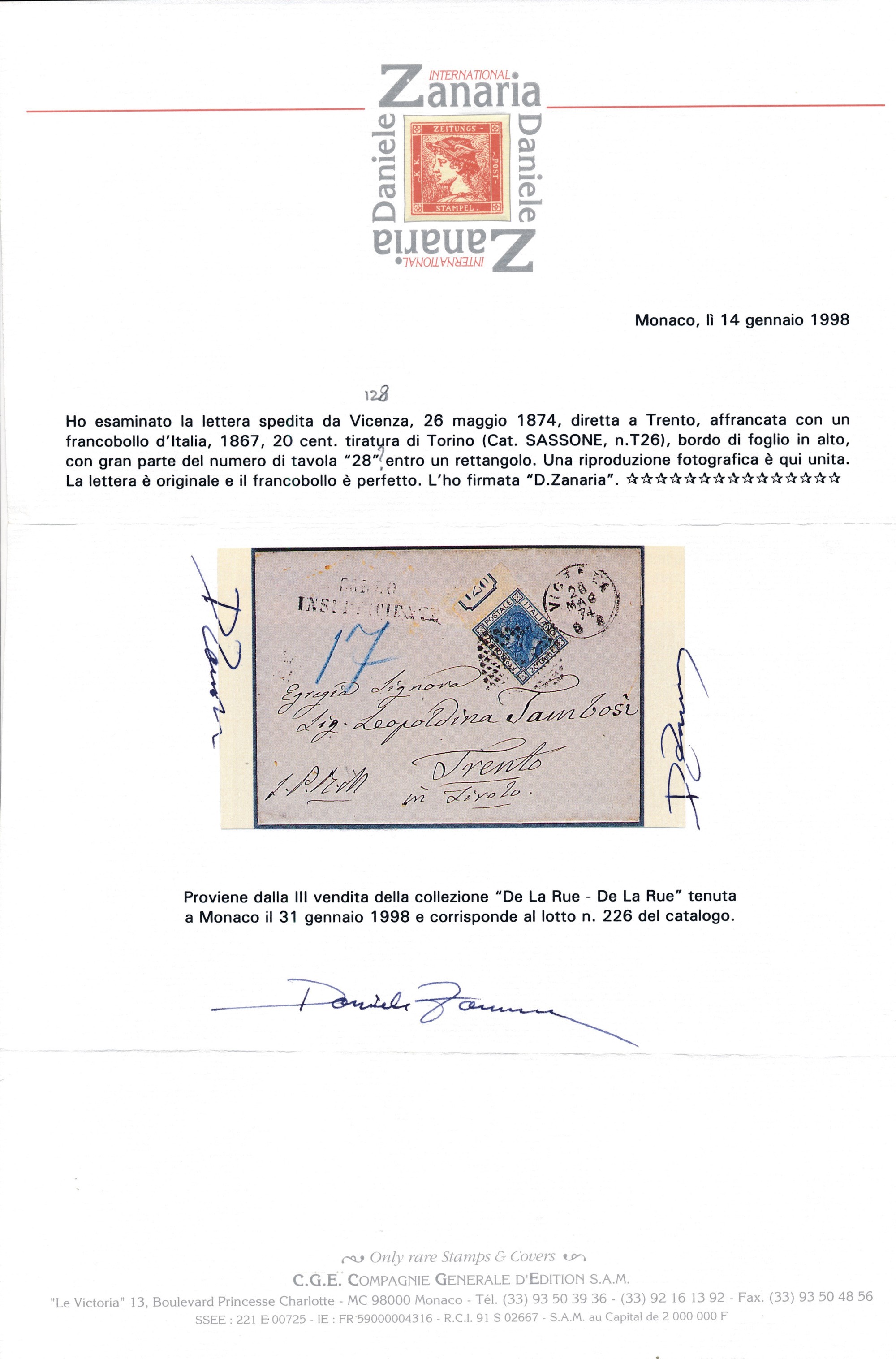 1874 – Regno D’italia – Lettera da Vicenza a Trento del 26 Maggio Affrancata con 20 Cent. Azzurro...
