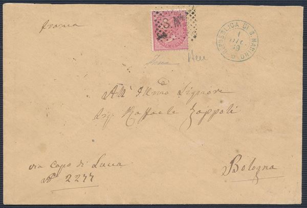 1869 – Repubblica di S. Marino – Precursori - Lettera da S. Marino a Bologna del 1° dicembre affrancata con francobollo del Regno d’Italia, 40 cent. rosso carminio, Tiratura di Torino (SASS. F6T) con annullo a piccoli “S.M.no” più bollo a doppio cerchio in azzurro “REPUBBLICA DI S. MARINO / 1 DIC. 69”.