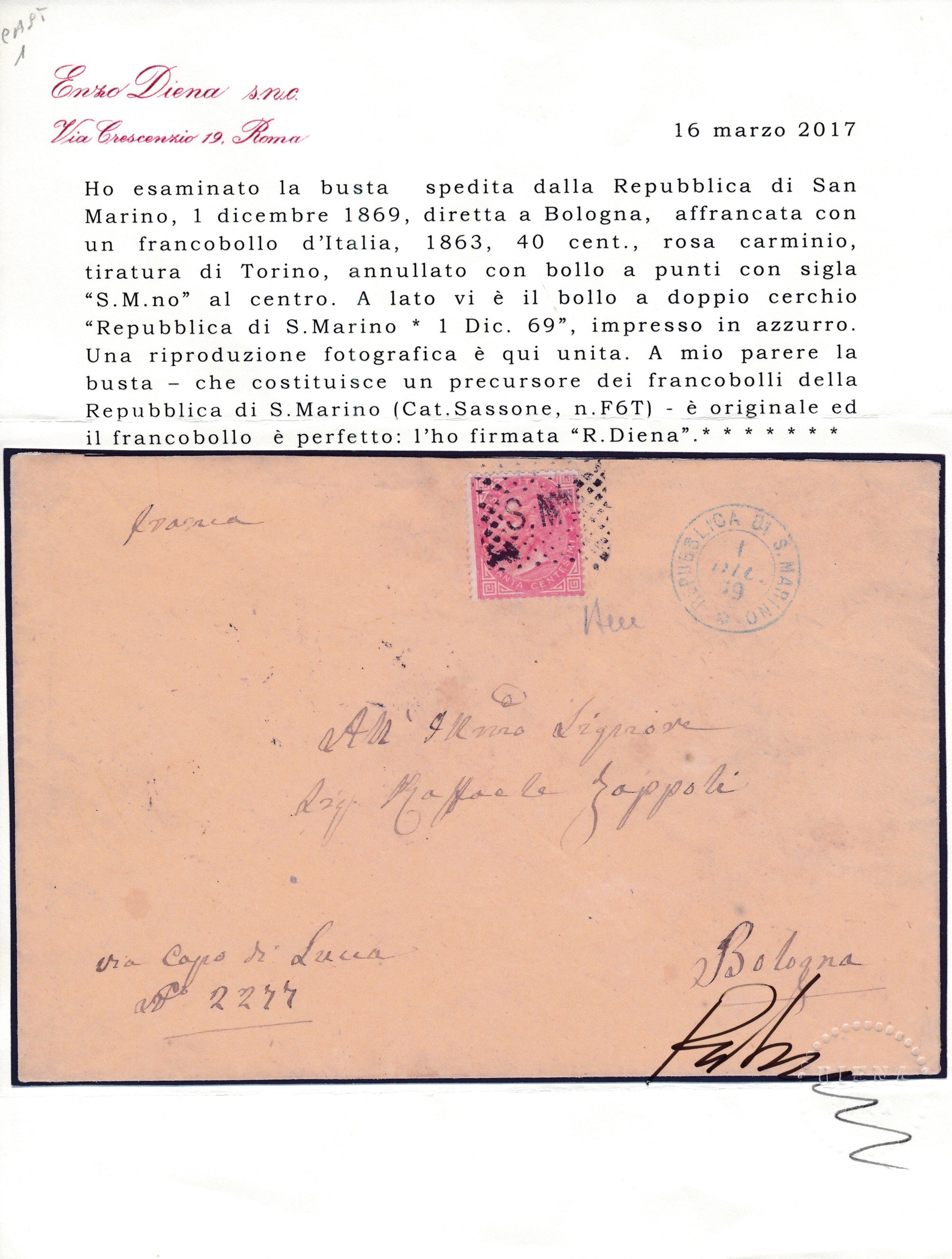 1869 – Repubblica di S. Marino – Precursori - Lettera da S. Marino a Bologna del 1° Dicembre Affr...
