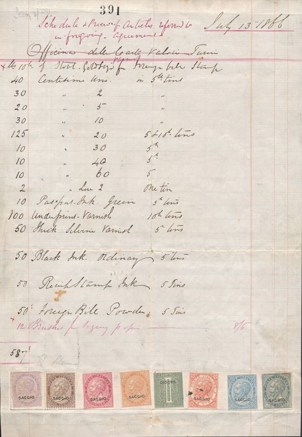 1866 - Regno d’Italia - Foglio del 13 luglio, con otto prove su carta spessa filigranata con soprastampa "SAGGIO" a macchina dei francobolli De La Rue, indicante il quantitativo di latte di inchiostro inviata dalla casa De La Rue alle Officine Carte Valori di Torino per un totale di 587 lattine corrispondenti a 3435 lbs.