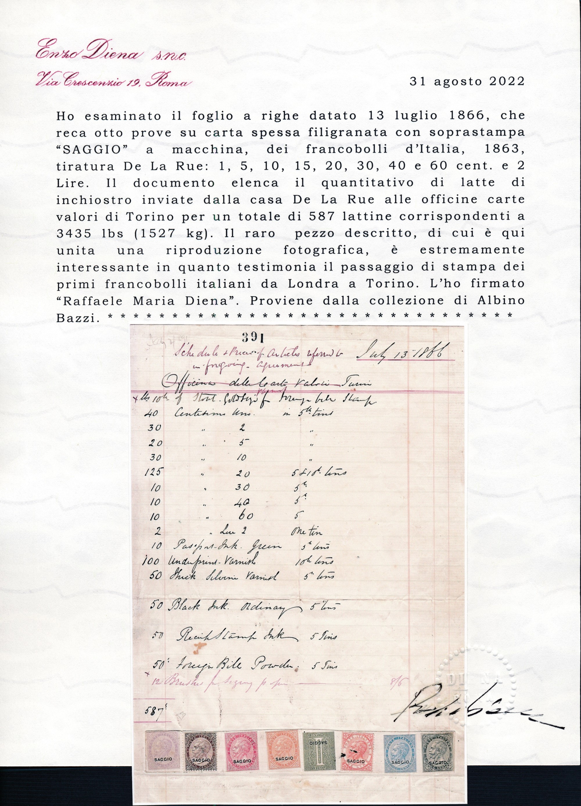 1866 - Regno D’italia - Foglio del 13 Luglio, con Otto Prove su Carta Spessa Filigranata con Sopr...