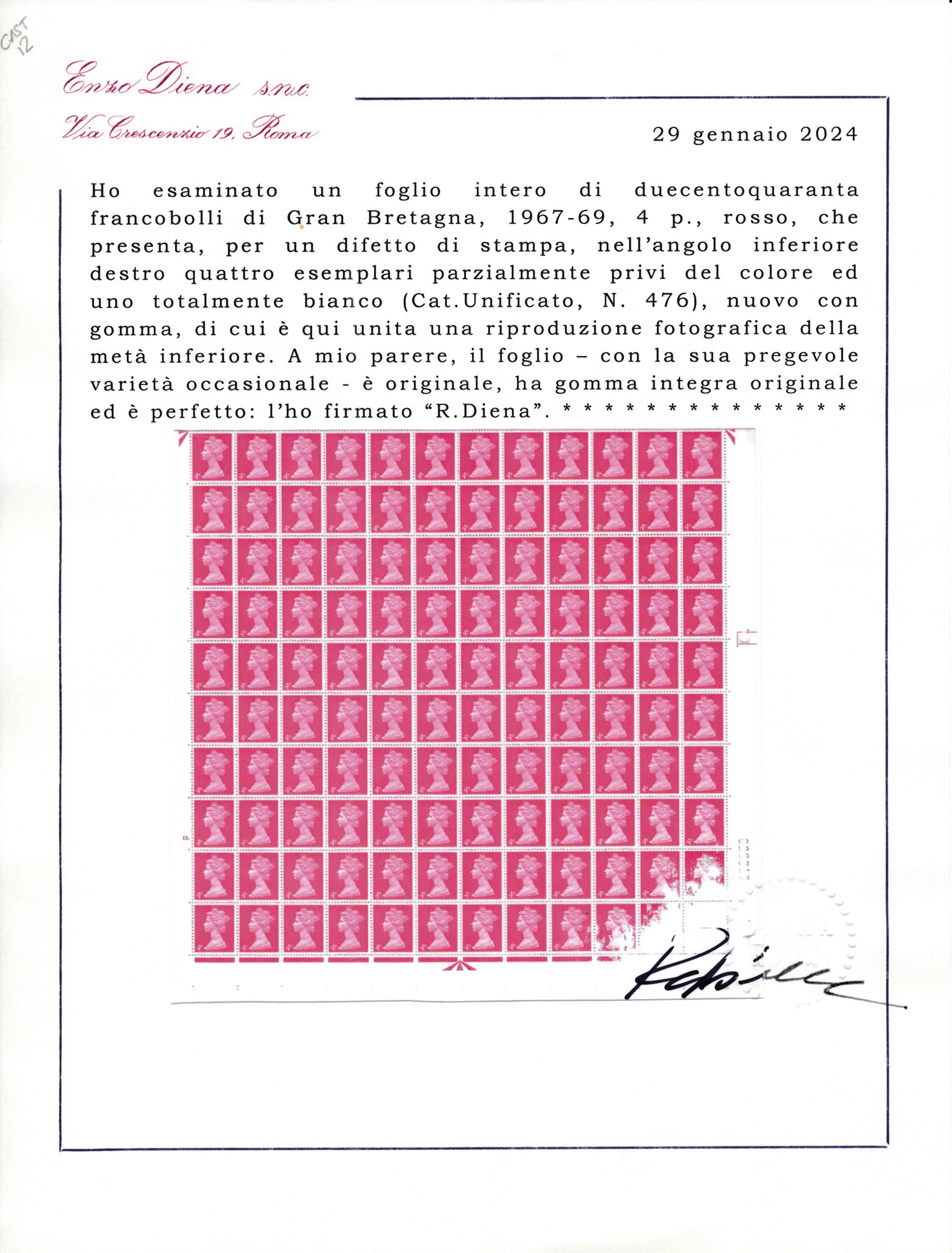 1967-69 – Gran Bretagna - Foglio Intero di 240 Francobolli, 1967-1969, 4 Penny Rosso (unif. 476),...