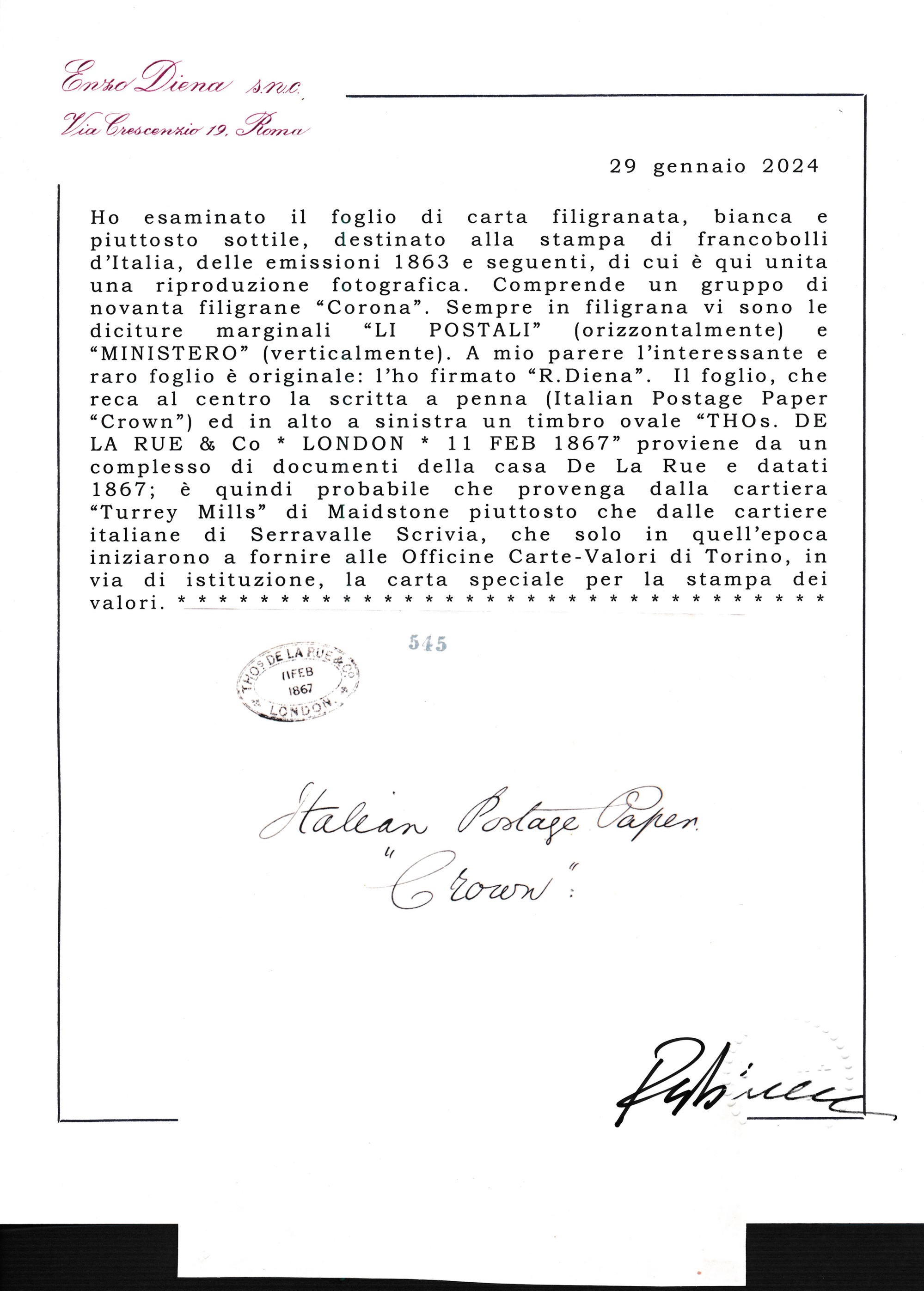 1863 – Regno D’italia - Foglio di Carta Filigranata, Bianca e Piuttosto Sottile, Destinato alla S...