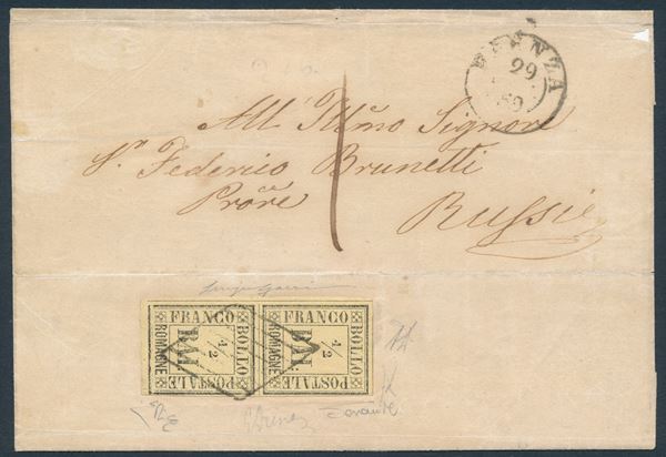 1859 – Romagne – Gran parte di lettera da Faenza a Russi affrancata con coppia verticale del ½ bajocco giallo paglia (Sass. 1) con annullo a griglia di Faenza.