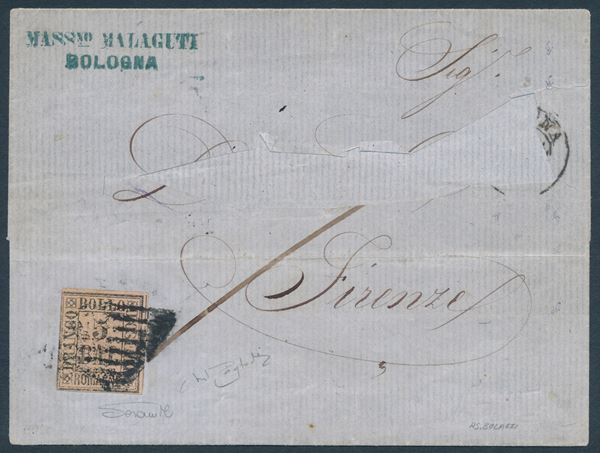 1859 – Romagne – Lettera da Bologna a Firenze affrancata con 5 bajocchi violetto (Sass. 6) con annullo a griglia.