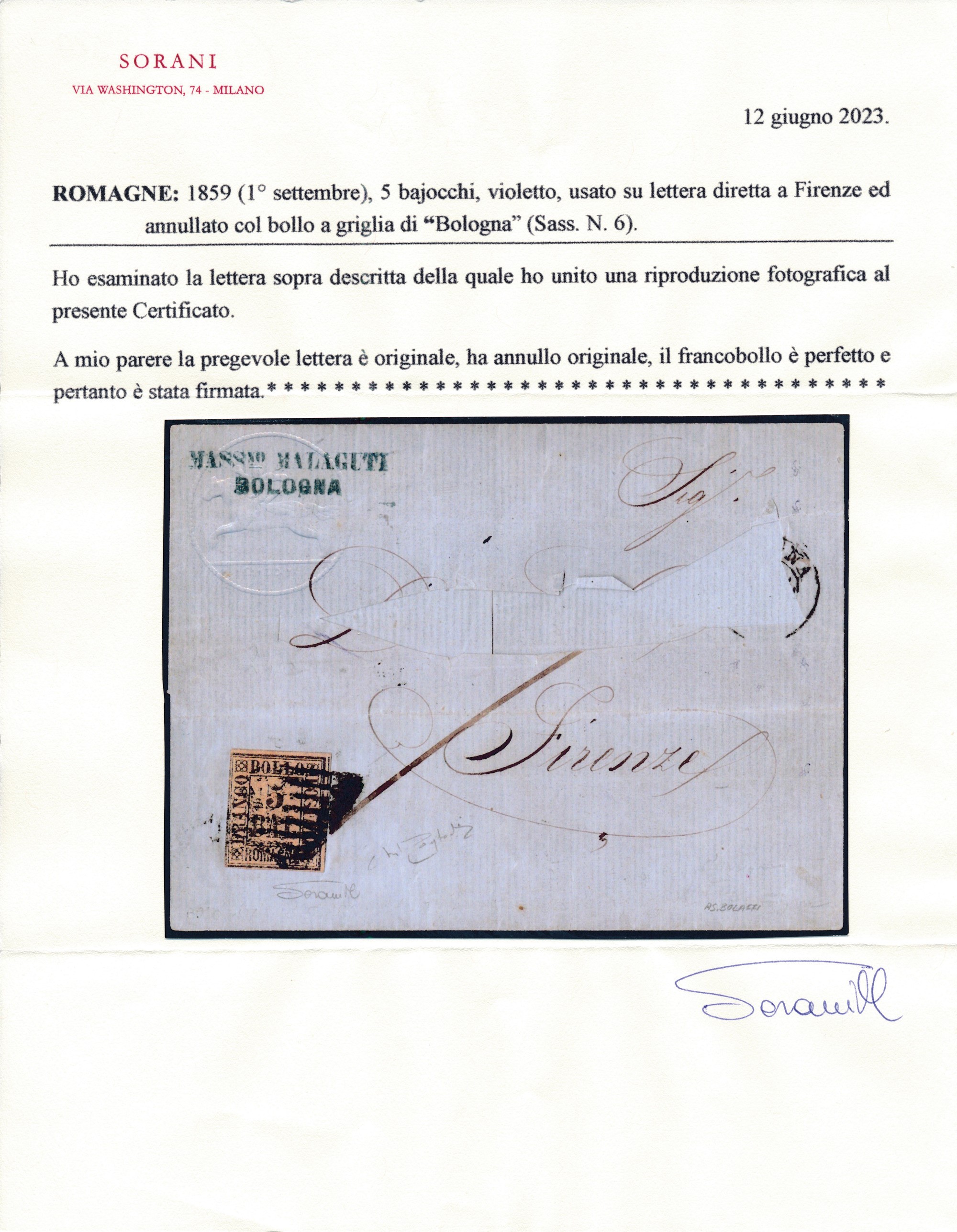 1859 – Romagne – Lettera da Bologna a Firenze Affrancata con 5 Bajocchi Violetto (sass. 6) con An...