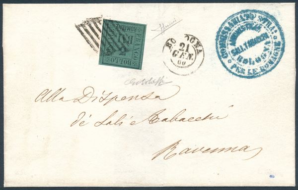 1859 – Romagne – Lettera da Bologna a Ravenna affrancata con 3 bajocchi verde scuro (Sass. 4) con annullo a griglia.