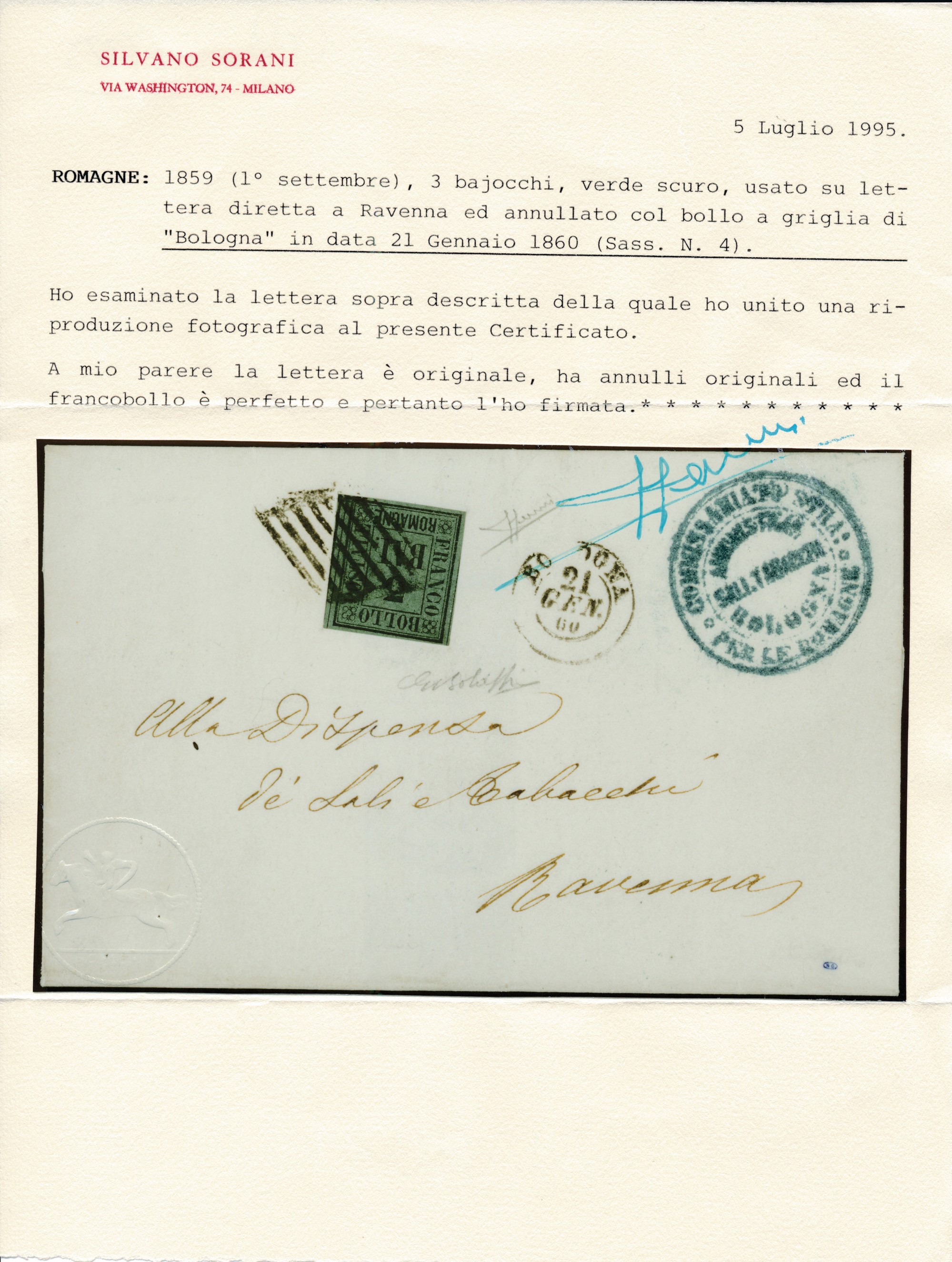 1859 – Romagne – Lettera da Bologna a Ravenna Affrancata con 3 Bajocchi Verde Scuro (sass. 4) con...