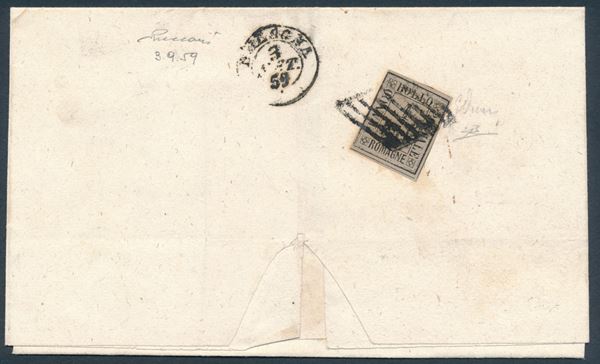 1859 – Romagne – Porto assegnato – Lettera da Bologna a città affrancata al verso per il porto assegnato con 1 baj. grigio (Sass. 2a) annullato con griglia.