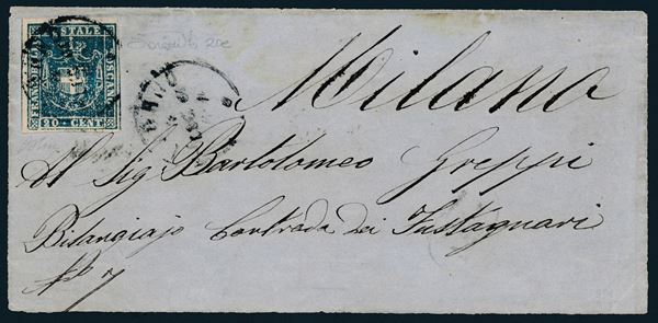 1861 – Toscana – Governo provvisorio – Frontespizio di lettera da Livorno a Milano affrancato con 20 cent. azzurro con linea di riquadro verticale nel margine di foglio a destra (Sass. 20e) e con annullo a cerchio semplice di Livorno.