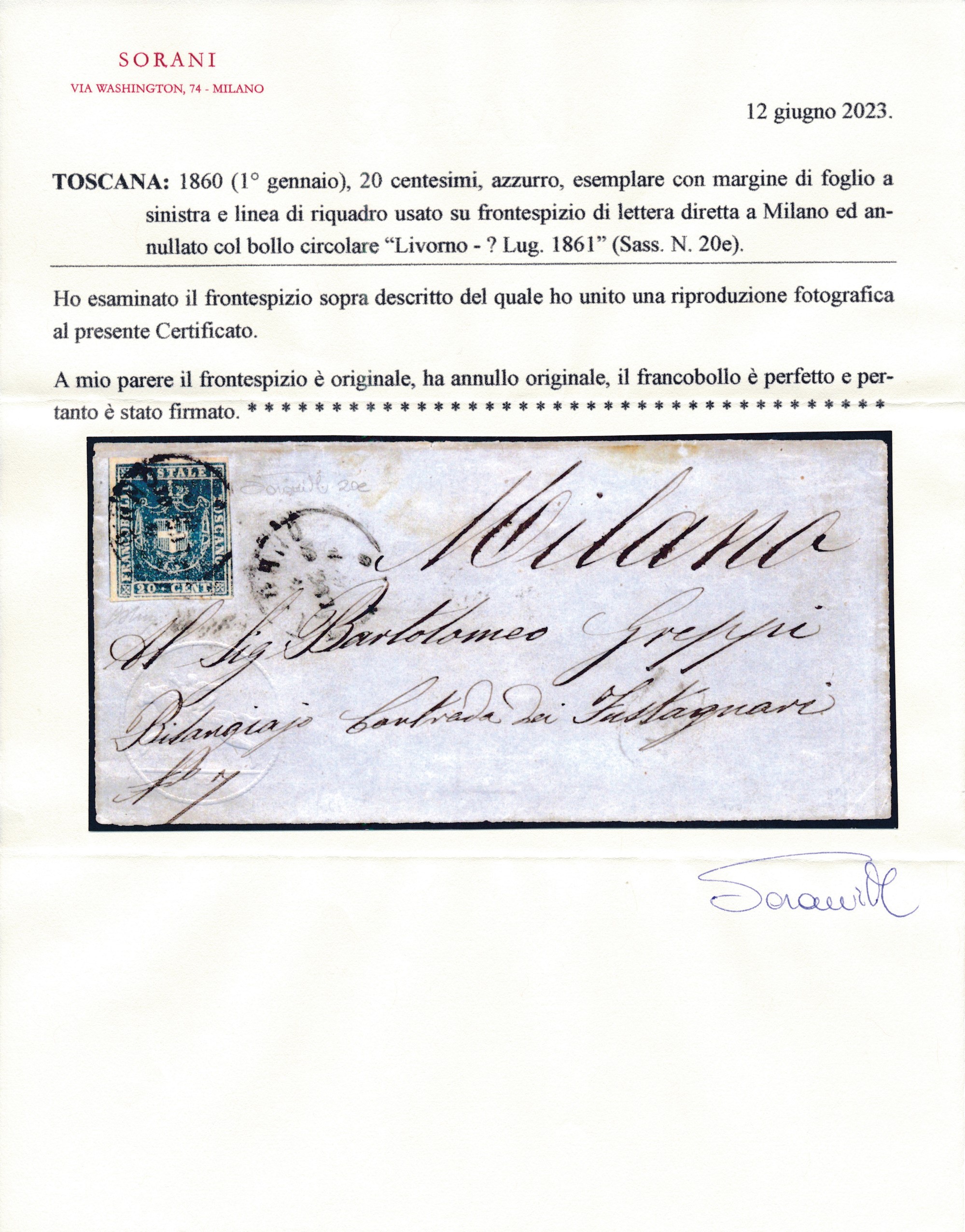 1861 – Toscana – Governo Provvisorio – Frontespizio di Lettera da Livorno a Milano Affrancato con...