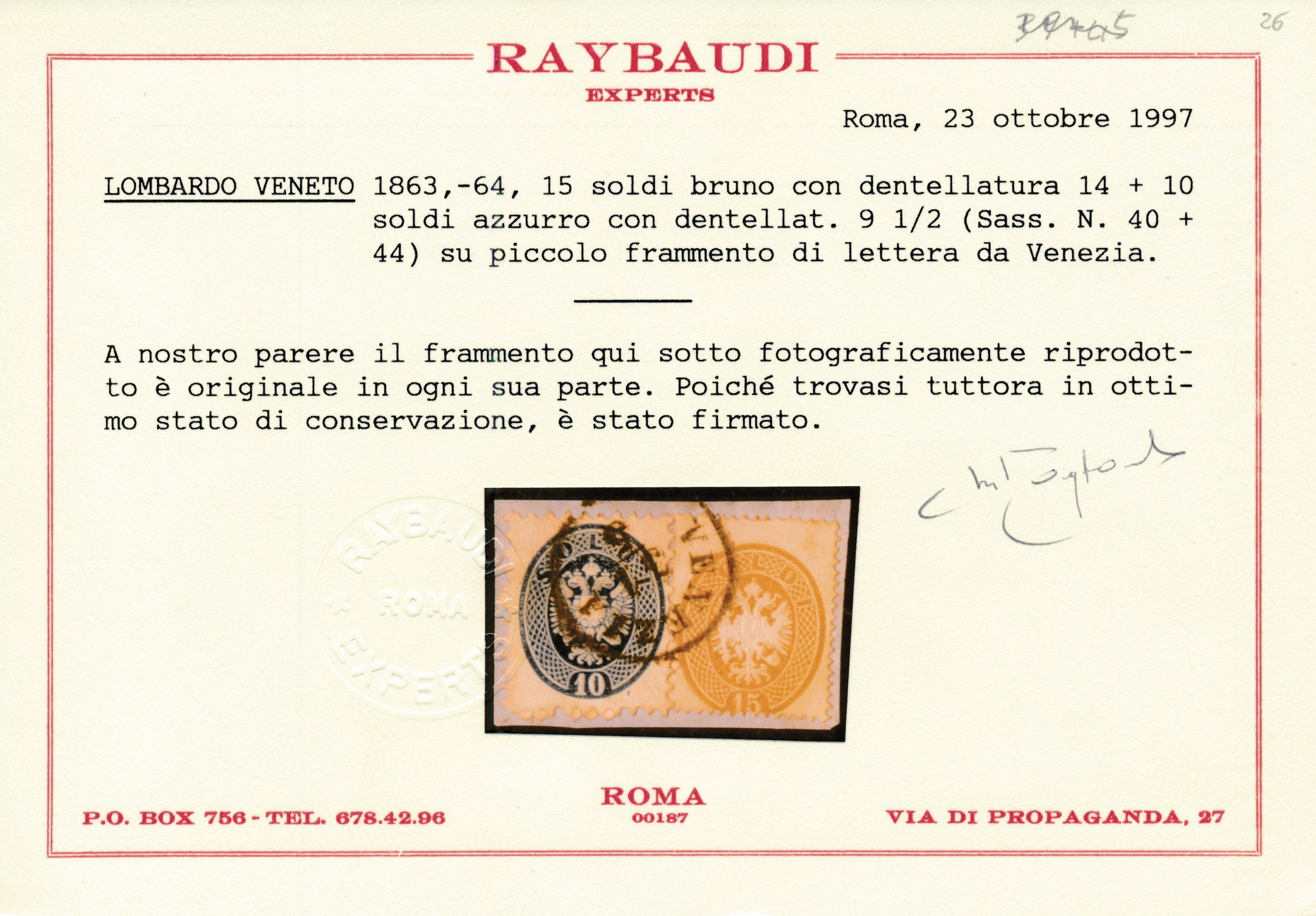 1863-64 – Lombardo-veneto – 15 Soldi Bruno Dent. 14 (sass. 40) e 10 Soldi Azzurro Dent. 9½ (sass....