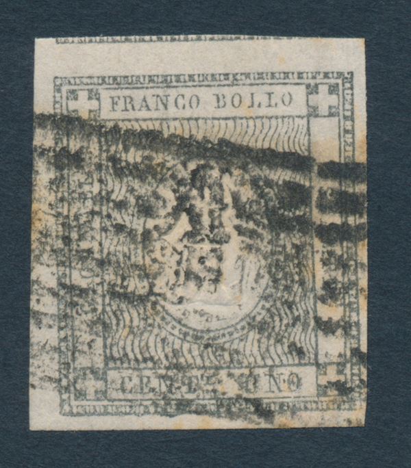 1861 – Sardegna – Francobolli per stampati – 1 cent. grigio nero (Sass. 19) annullato con parte del bollo a nove sbarre e Stemma Sabaudo, al centro, di fornitura modenese.