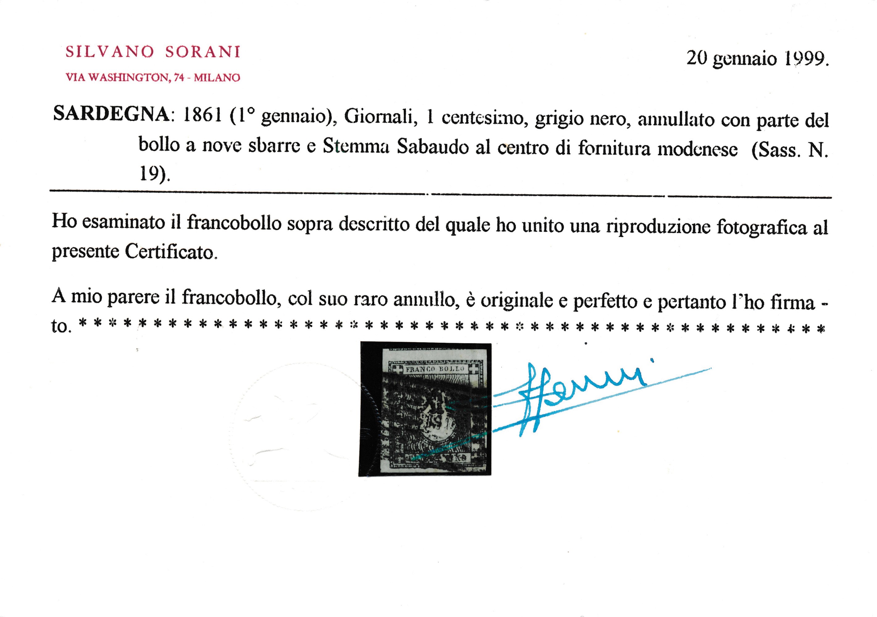 1861 – Sardegna – Francobolli per Stampati – 1 Cent. Grigio Nero (sass. 19) Annullato con Parte d...
