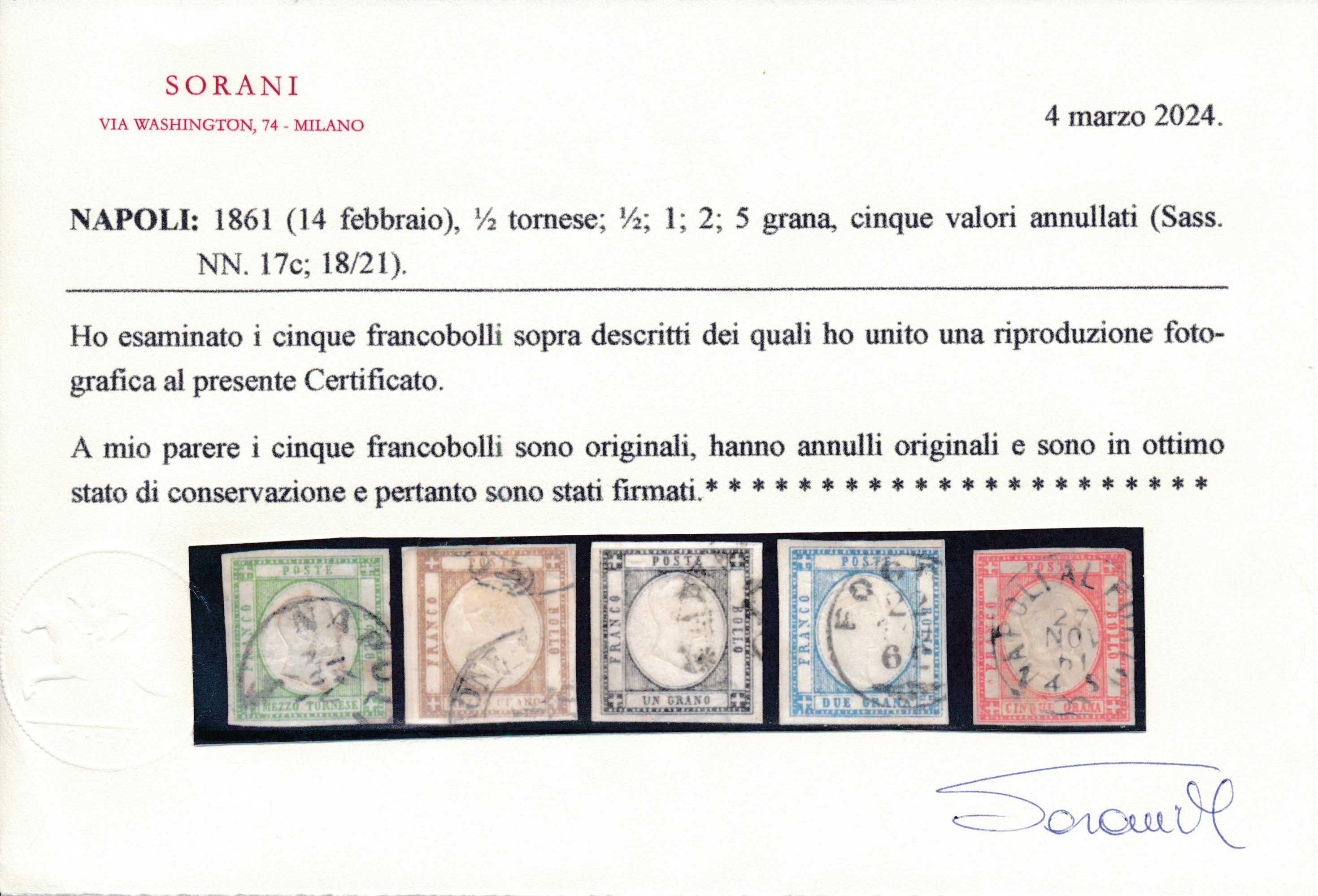 1861 - Napoli – Province Napoletane – ½ Tornese Verde Scuro, ½ , 1, 2 e 5 Grana Annullati (sass. ...