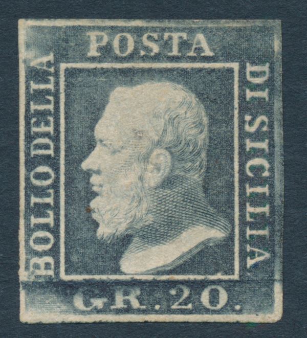 1859 – Sicilia – 20 grana grigio ardesia nuovo gomma integra (Sass. 13).