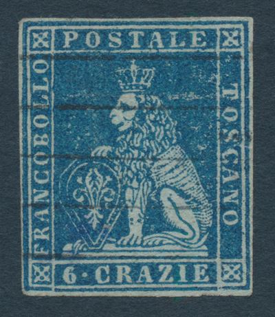 1851 – Toscana – 6c. Azzurro Scuro su Azzurro “marzocco” Usato (sass. 7c).