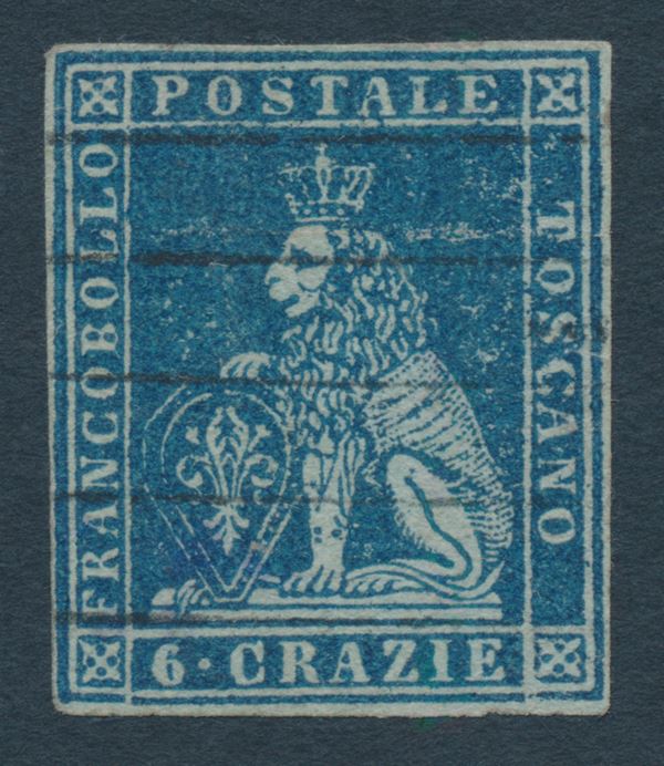 1851 – Toscana – 6c. azzurro scuro su azzurro “Marzocco” usato (Sass. 7c).