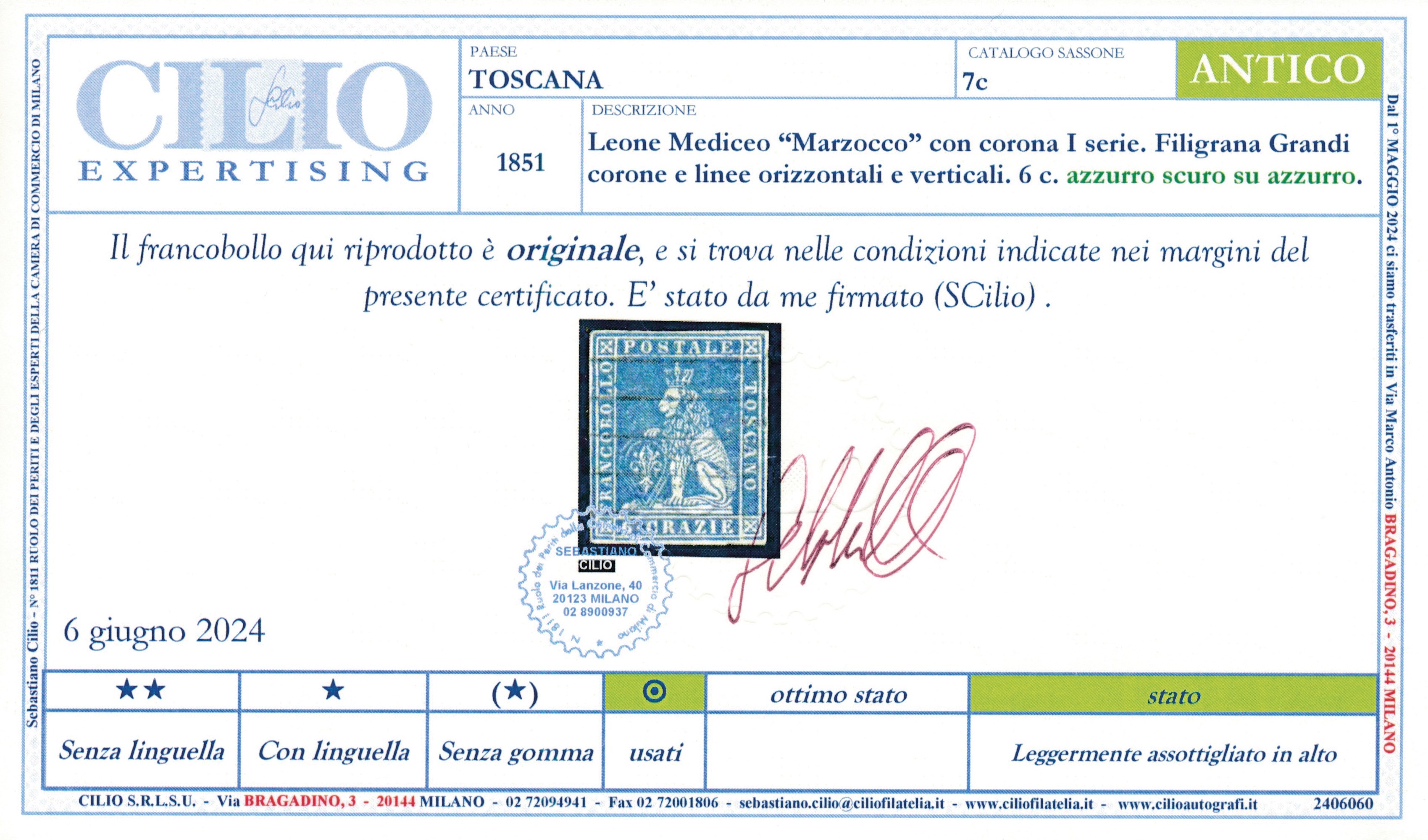 1851 – Toscana – 6c. Azzurro Scuro su Azzurro “marzocco” Usato (sass. 7c).