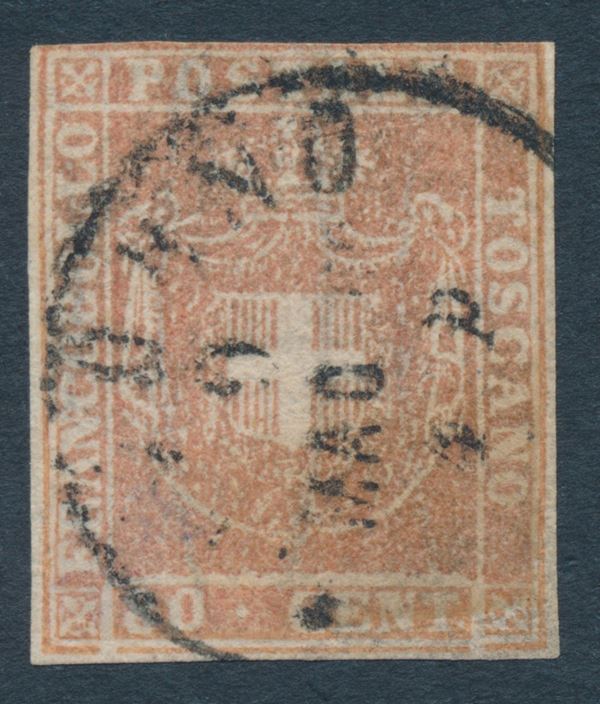 1860 – Toscana – Governo Provvisorio – 80 cent. bistro carnicino (Sass. 22a) annullato.