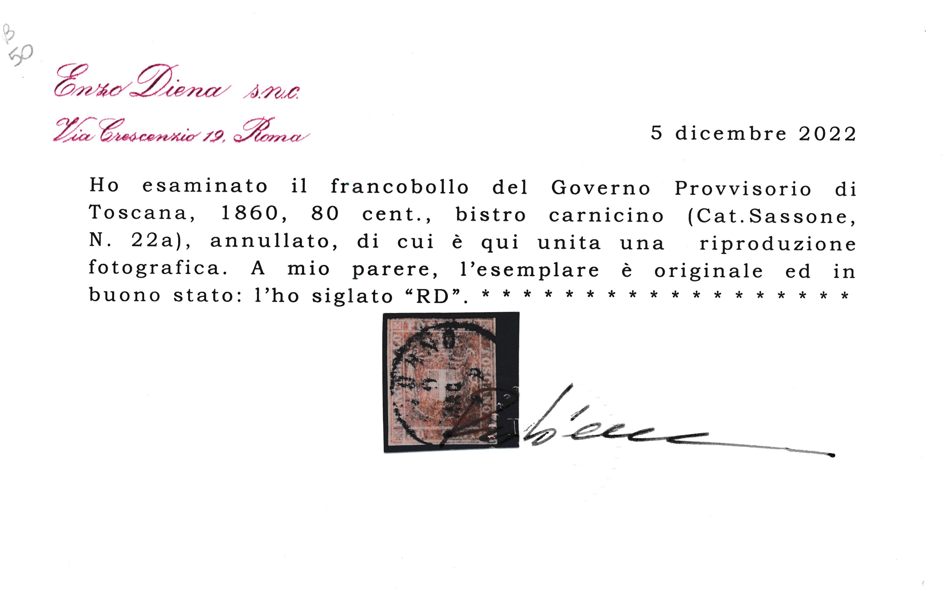 1860 – Toscana – Governo Provvisorio – 80 Cent. Bistro Carnicino (sass. 22a) Annullato.