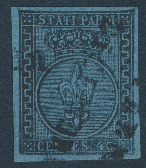 1852 – Ducato di Parma – 40 cent. azzurro annullato (Sass. 5).