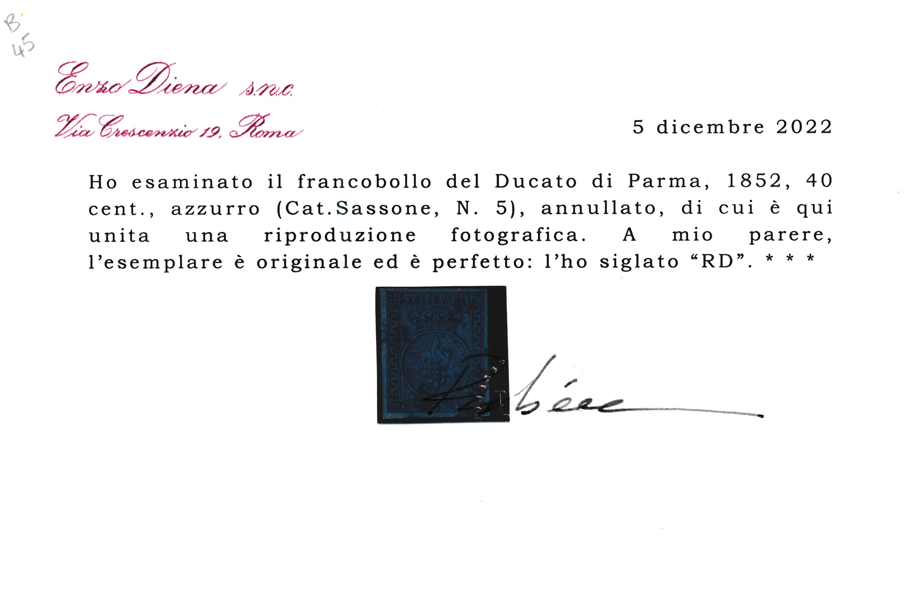 1852 – Ducato di Parma – 40 Cent. Azzurro Annullato (sass. 5).