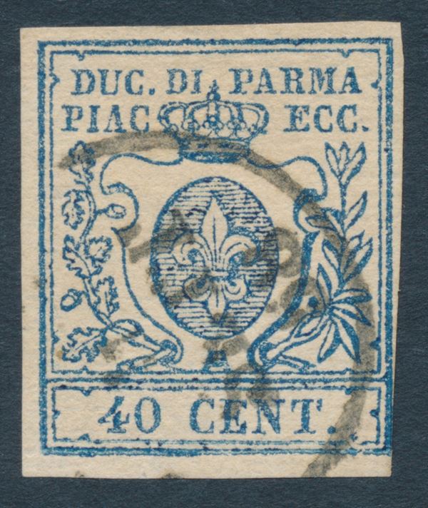 1857 – Ducato di Parma – 40 cent. azzurro, II tipo, “0” stretto, annullato (Sass. 11b).