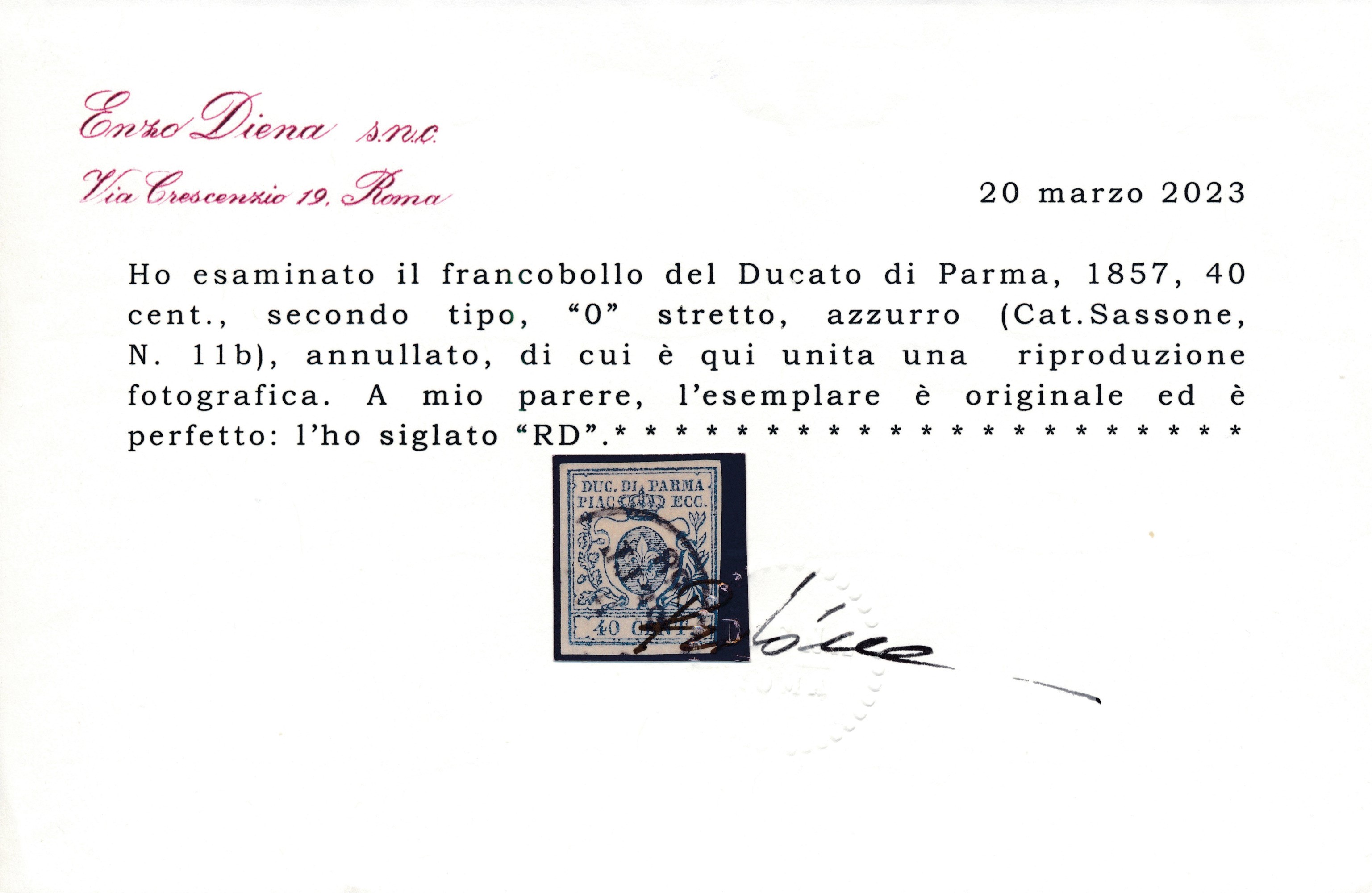 1857 – Ducato di Parma – 40 Cent. Azzurro, II Tipo, “0” Stretto, Annullato (sass. 11b).
