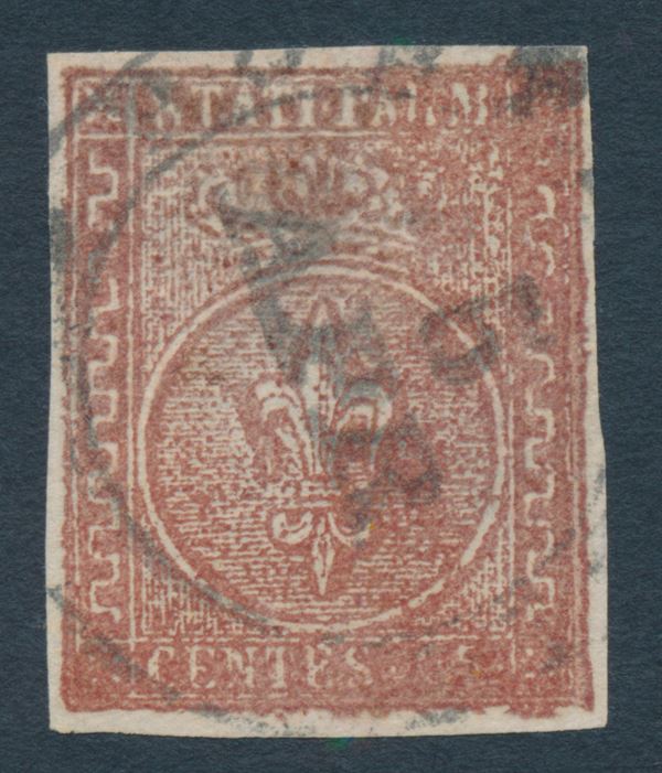 1853-55 – Ducato di Parma – 25 cent. bruno rosso annullato (Sass. 8).