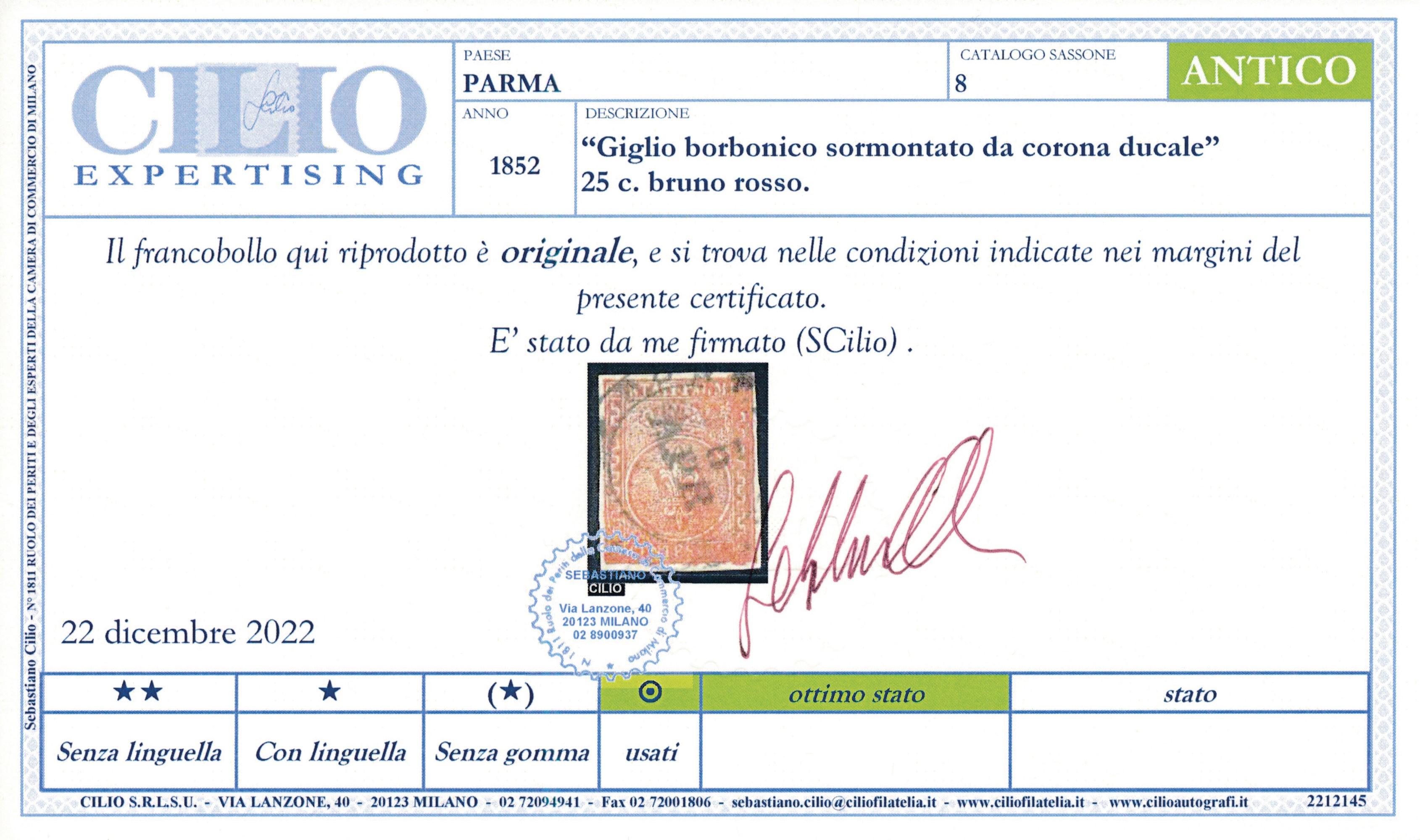 1853-55 – Ducato di Parma – 25 Cent. Bruno Rosso Annullato (sass. 8).