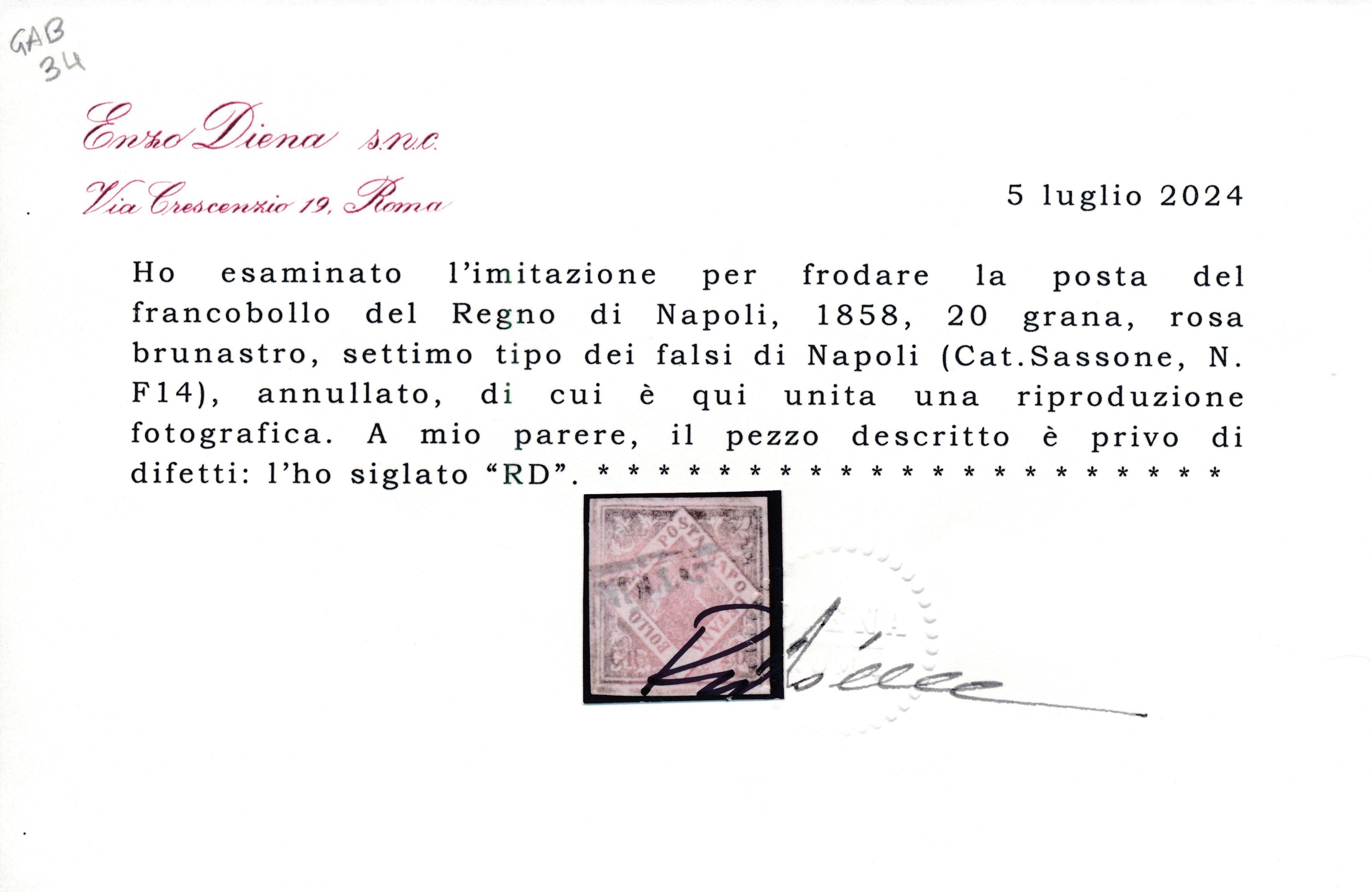1858/61 – Napoli – Falsi per Posta – 20 Grana Carminio V Tipo, 20 Grana Carminio Vi e 20 Grana Ro...